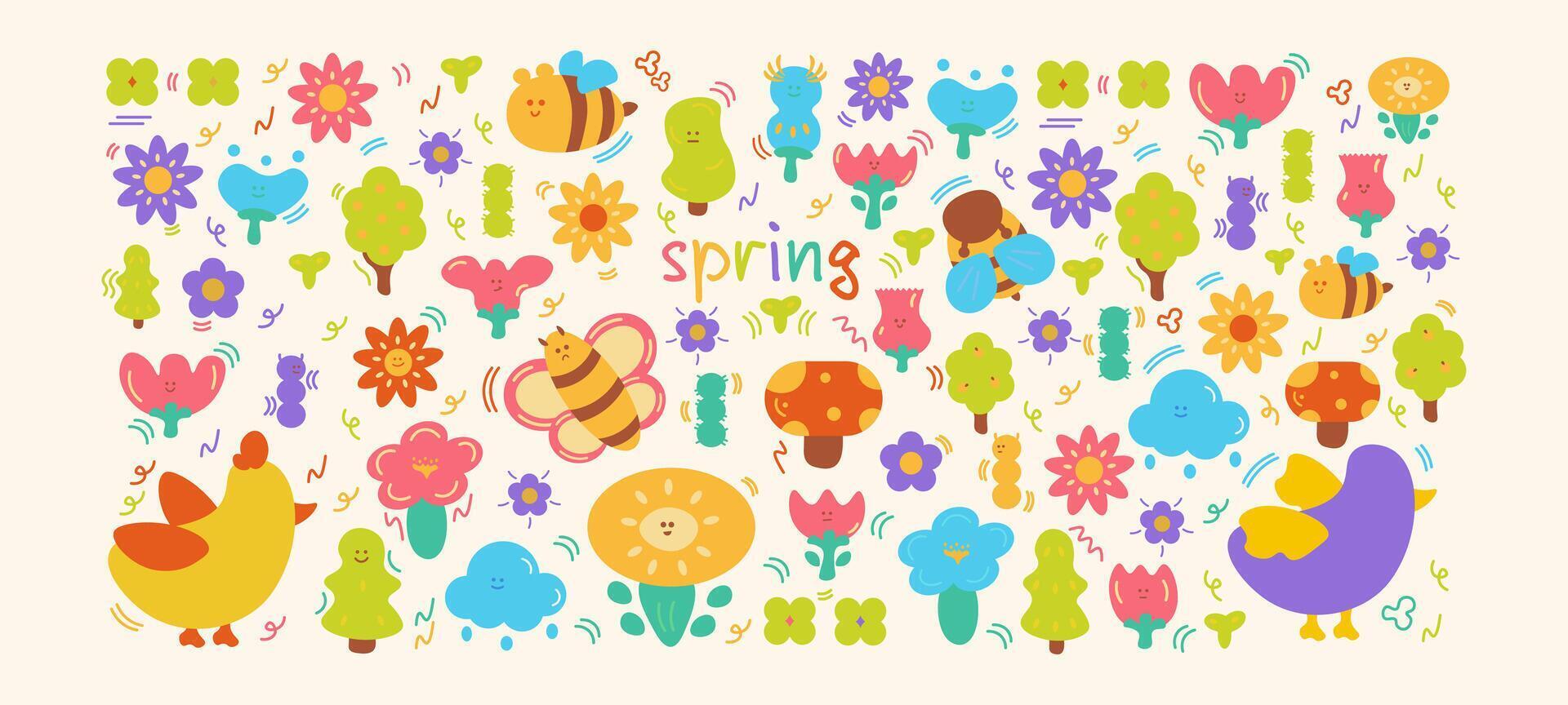 Cartoon groovy stickers set. 90s cute design. botanical elements,stars, geometric, flowers. Spring set. Sticker set vector