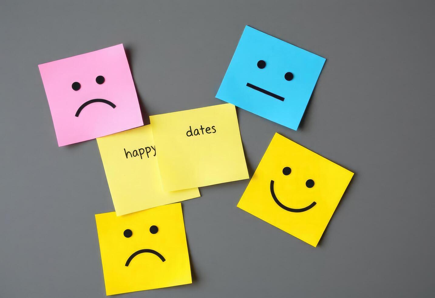 Four colorful sticky notes with happy, sad, and sad faces photo