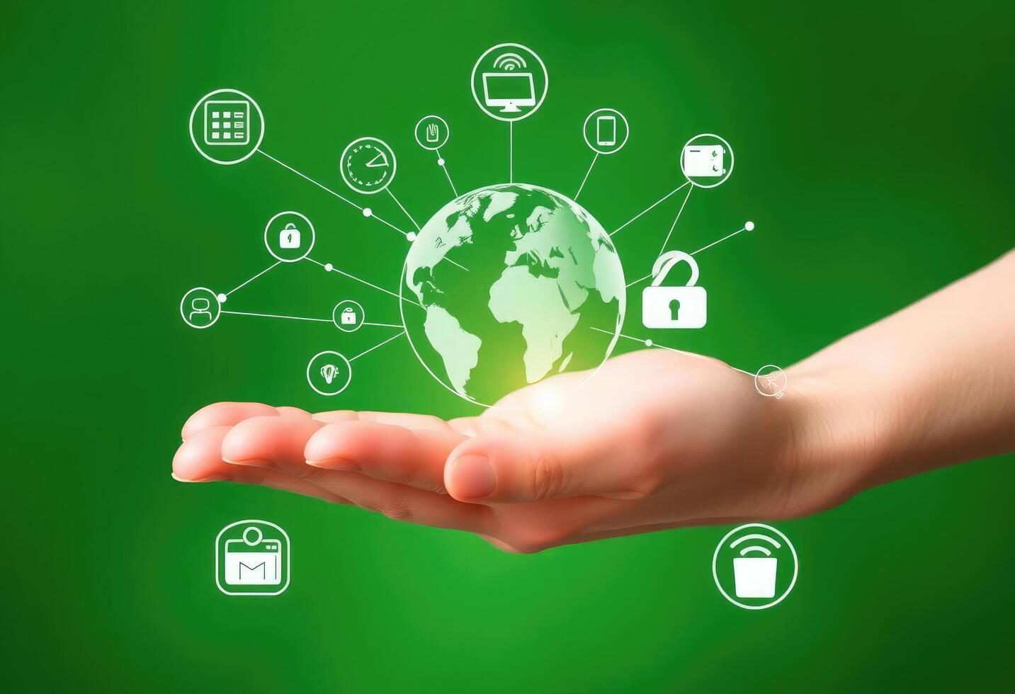 Hand holding green globe with icons on it photo