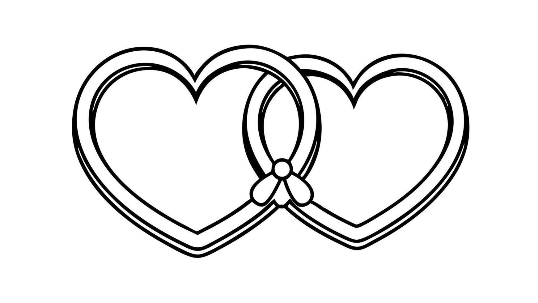 Two interlocked heart outlines tied with a bow in a black and white design. Romantic Valentine's Day illustration vector