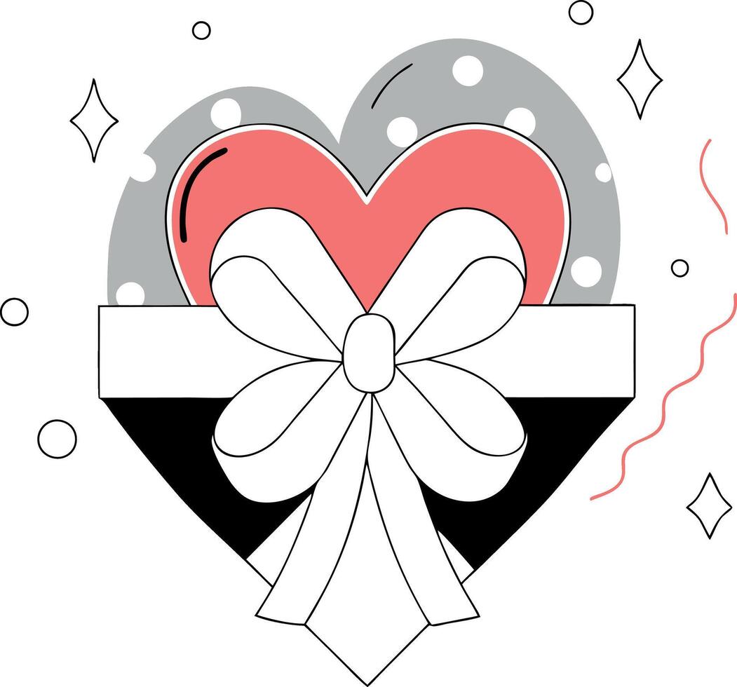 Red heart with a white ribbon and polka dots in a simple outline illustration. Valentine's Day design vector