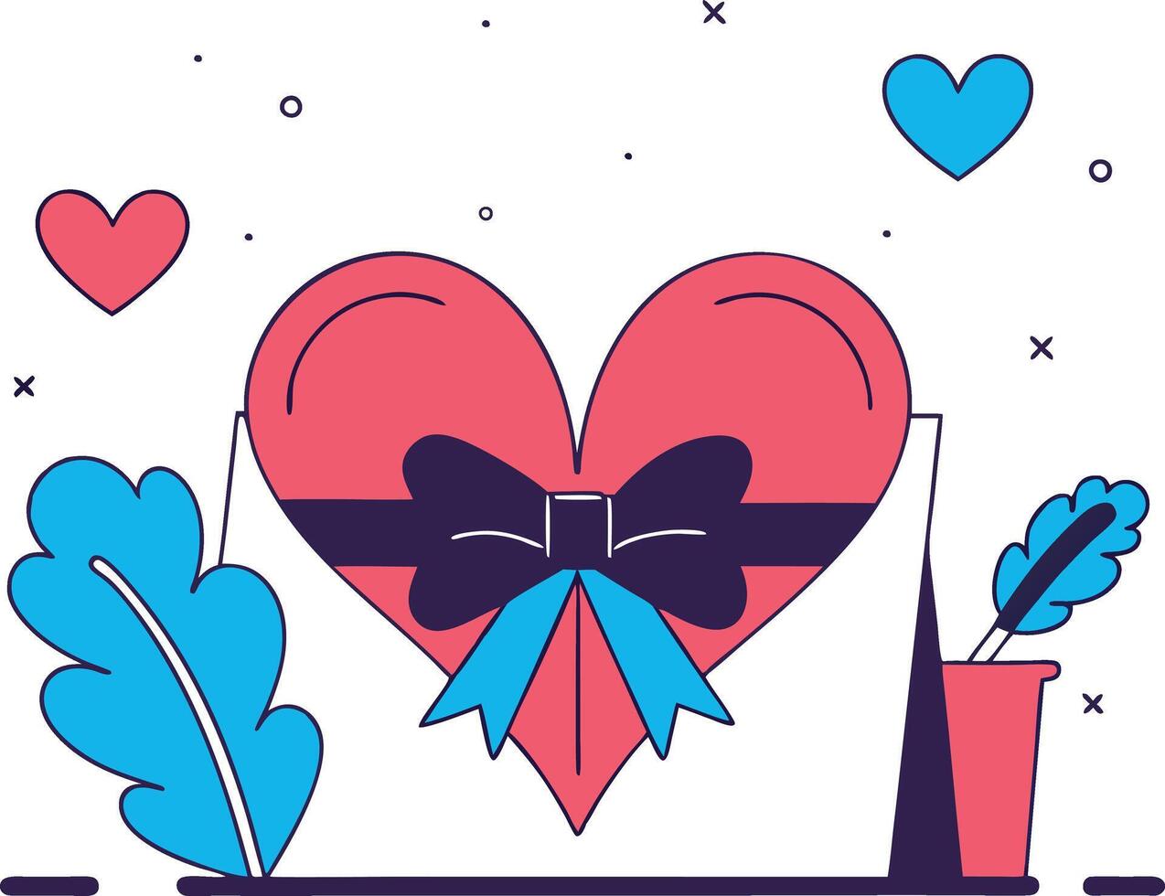 Red heart-shaped gift box with a blue ribbon in a white envelope surrounded by blue leaves and hearts. Flat illustration vector
