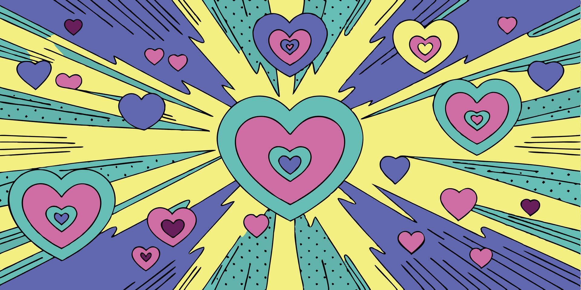 Pop-art style colorful layered hearts with radial rays on a bright yellow background. Valentine's Day concept vector