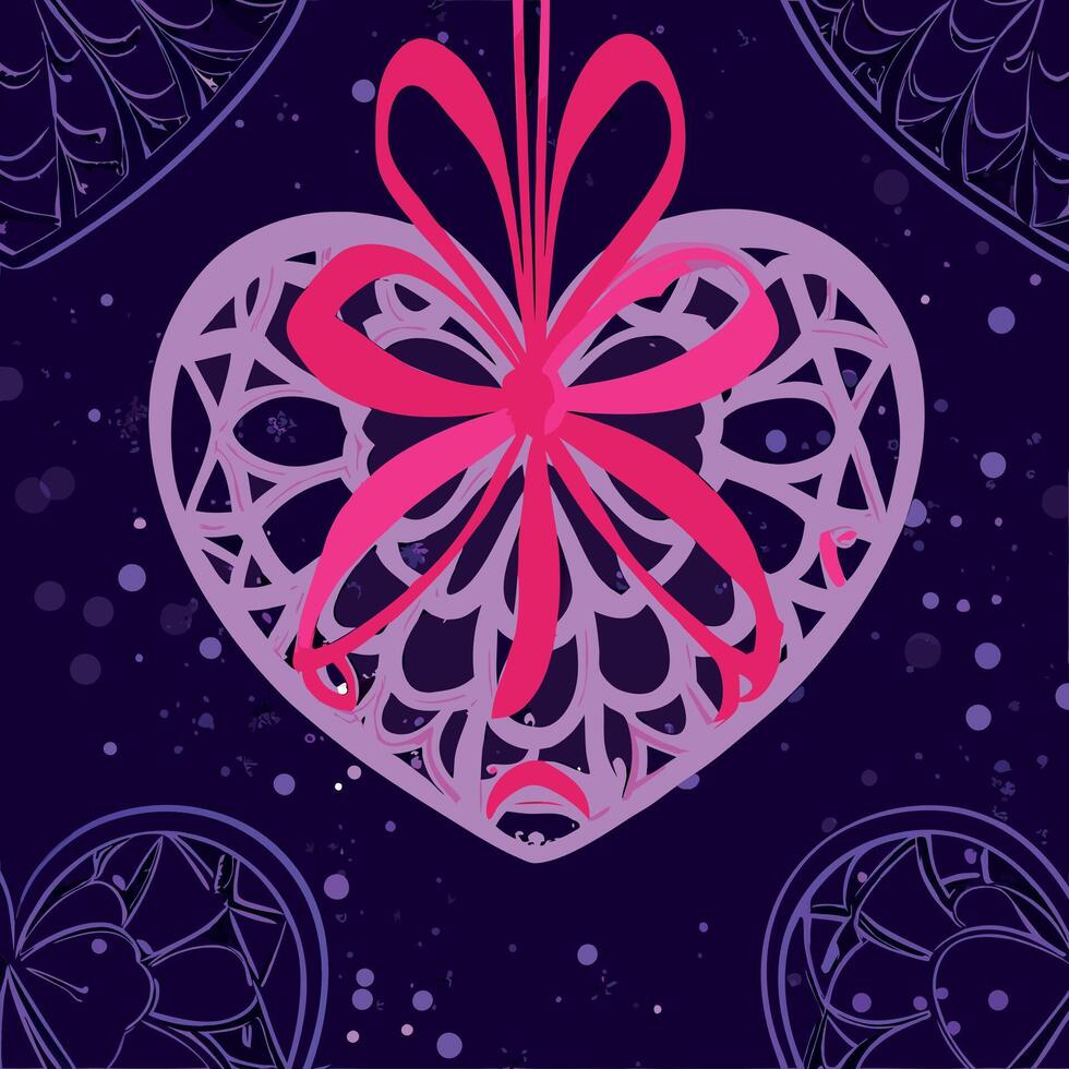 Pink lace heart with a bow on a dark purple decorative background. Valentine's Day digital design vector