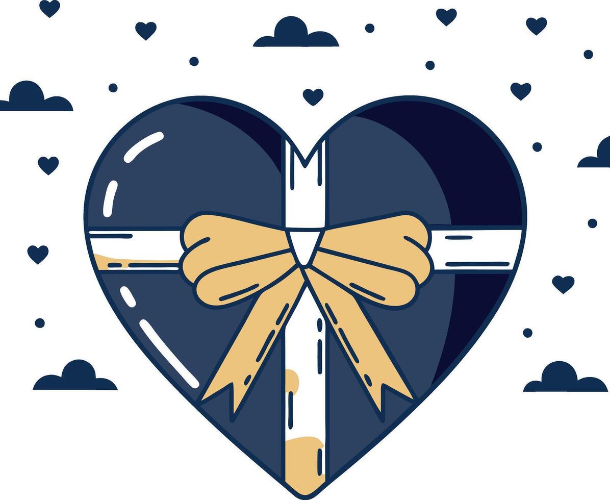 Dark blue heart-shaped gift box with a golden ribbon on a white background with small hearts. Minimalistic Valentine's Day design vector