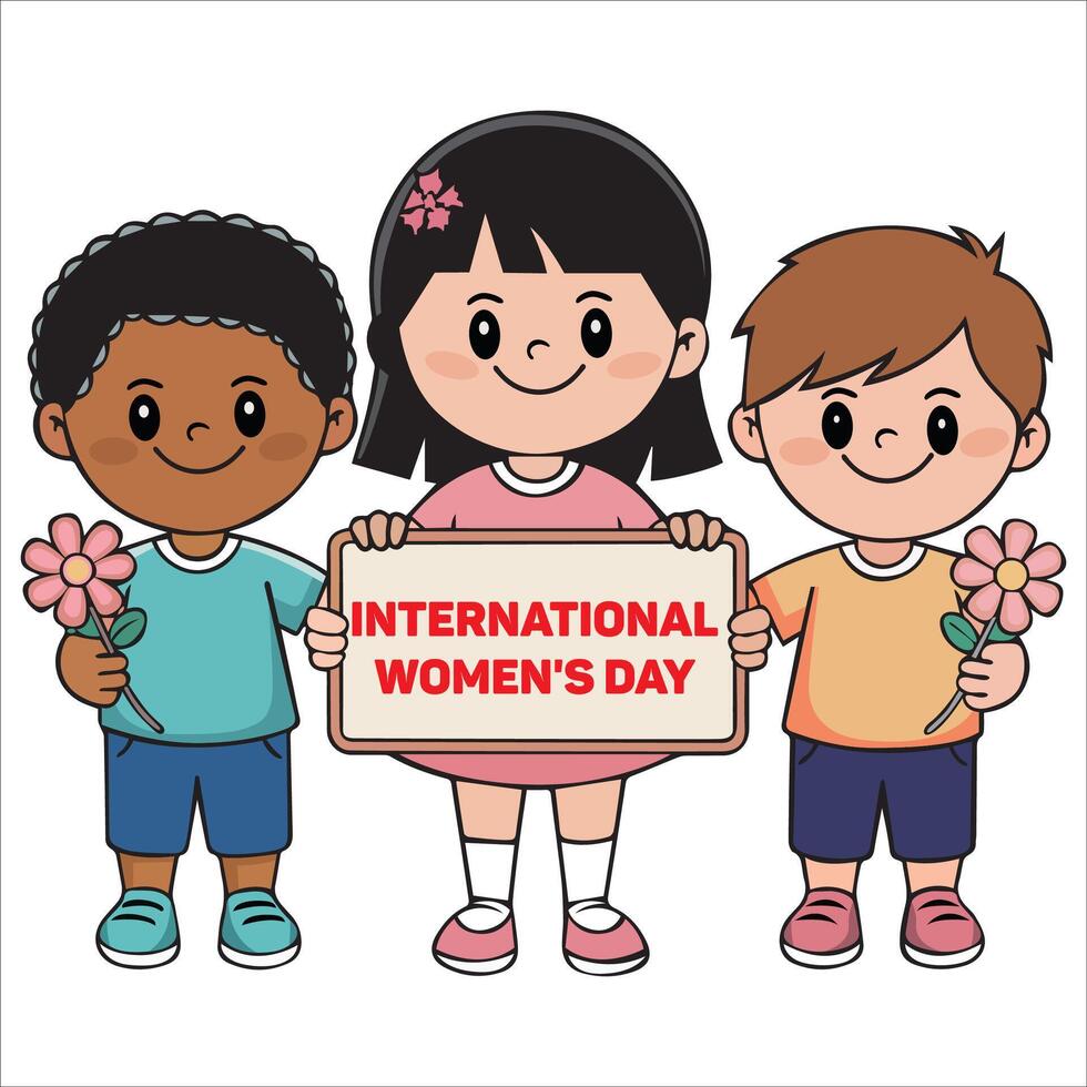Smiling Kids Displaying International Women s Day Message vector