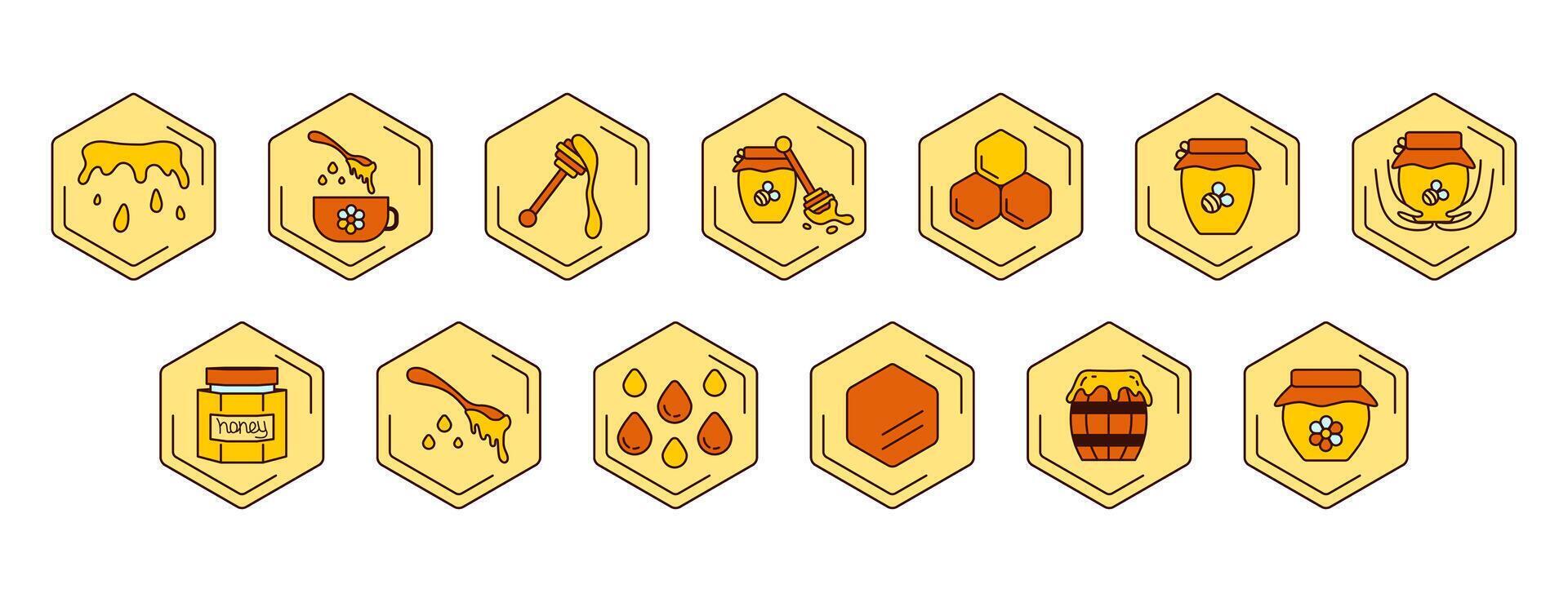 Set icons with honey and products. Options for using honey. Bee, viscous honey jar, liquid, drops, wooden sticks, jars honeycombs, barrel honey. vector