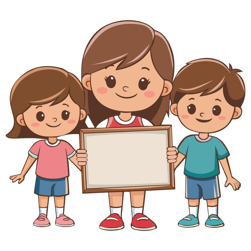 Three Happy Children with Blank Frame vector