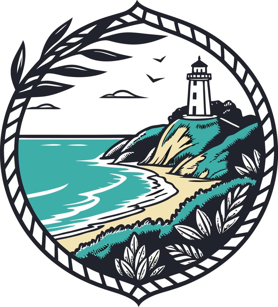 A lighthouse on the beach with a tree in the background vector