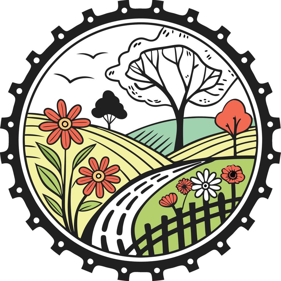 A bicycle wheel with a flower and a road in the background vector