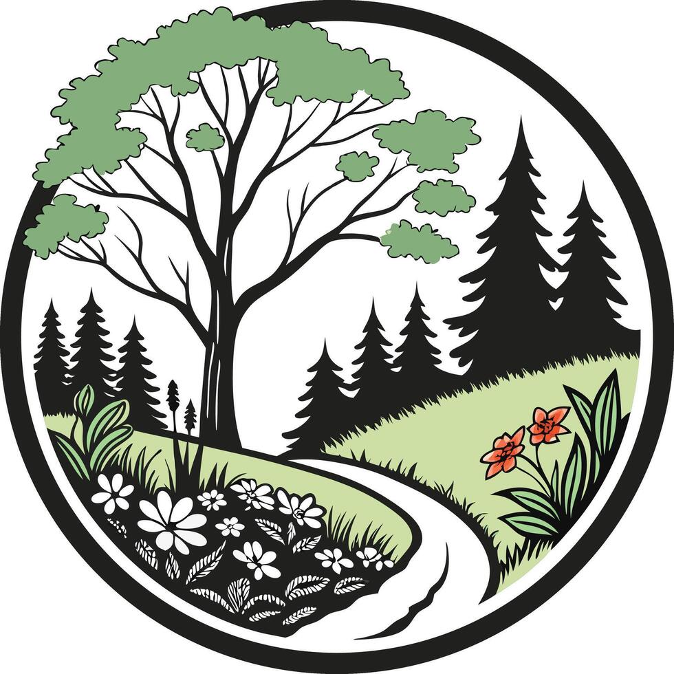 A circular logo with a tree and flowers vector