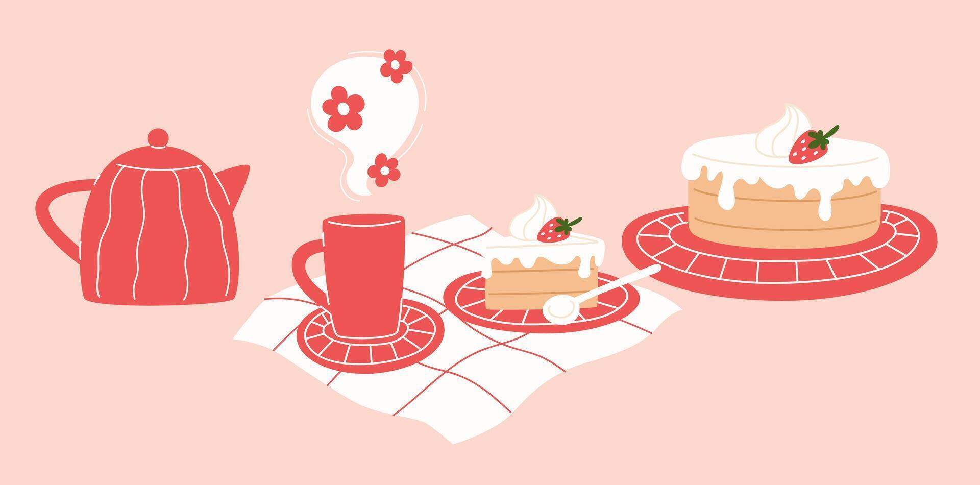 Slice of Cake with Strawberry and Cream, Tea Cup, Teapot, and Whole Cake vector