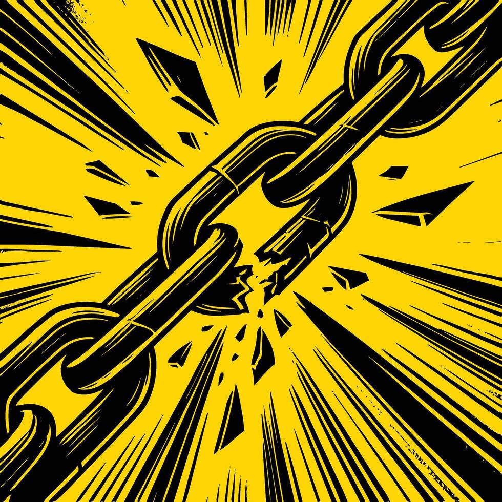 A broken chain with a broken link on a yellow background vector
