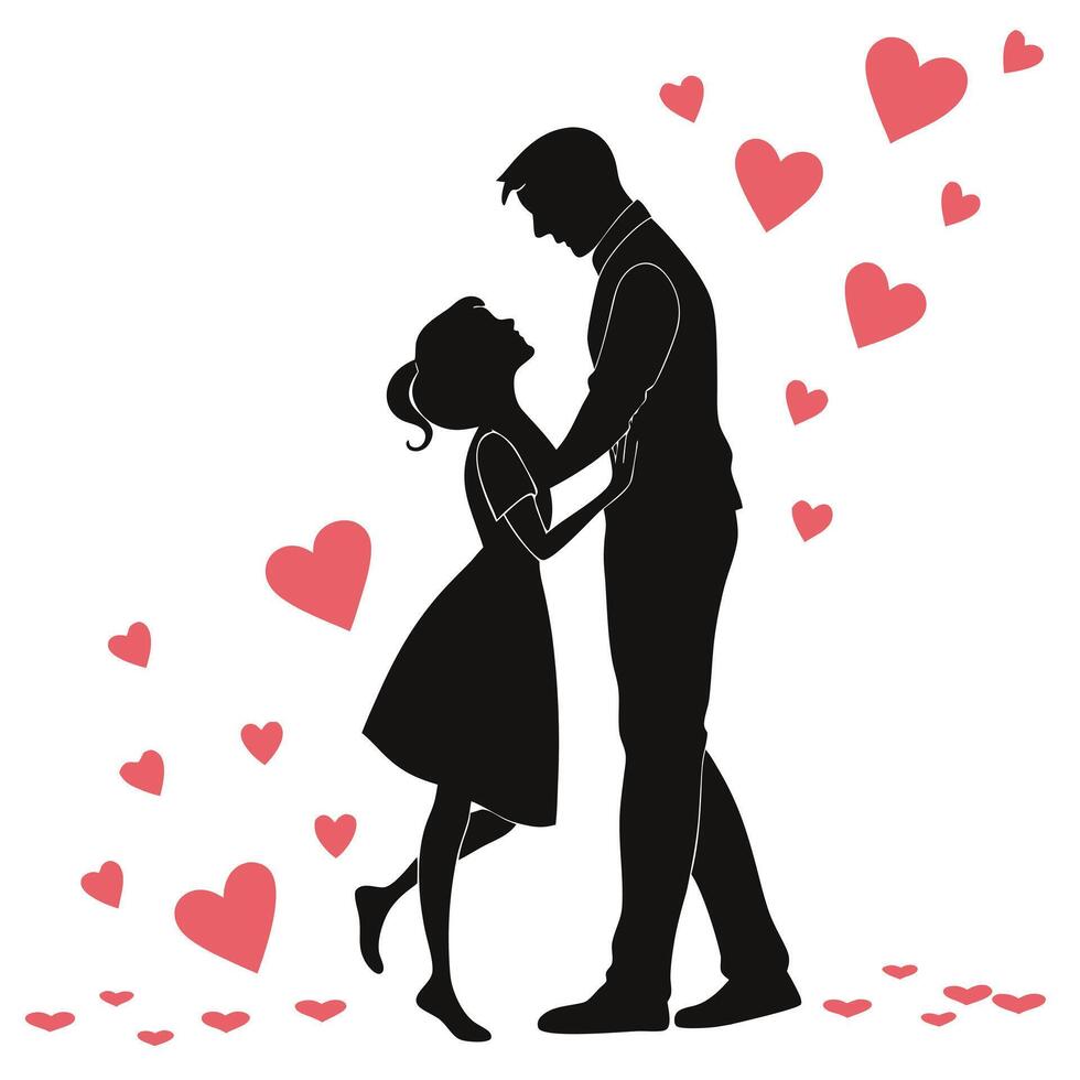 Silhouette of a man and woman kissing in front of hearts vector