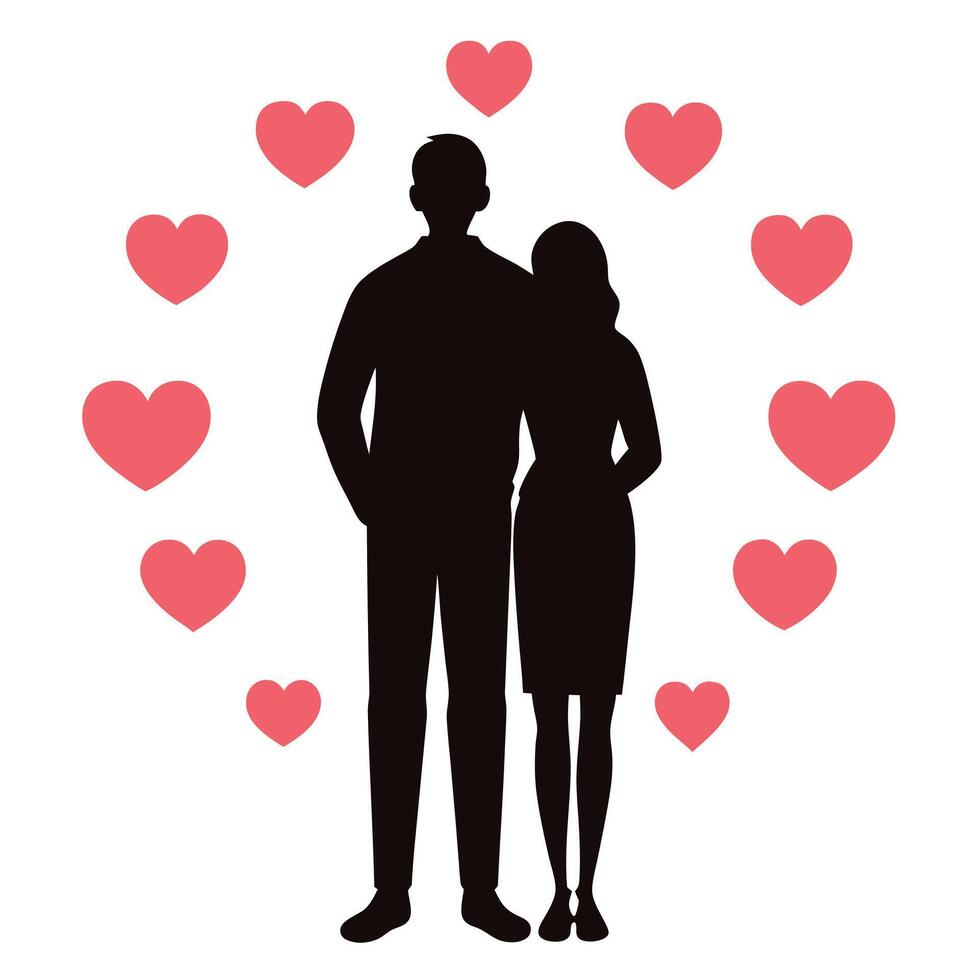 A silhouette of a man and woman standing in front of a heart shaped background vector