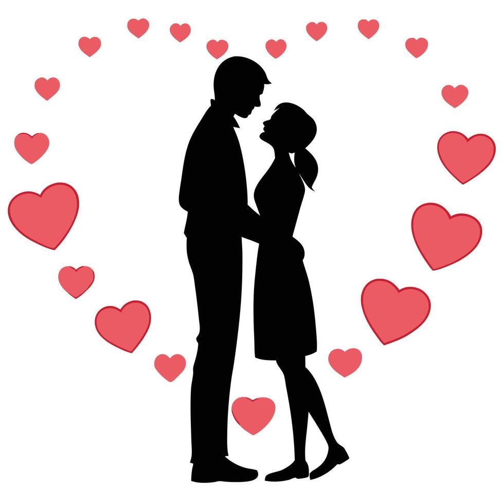 A couple is silhouetted against a heart shaped background vector