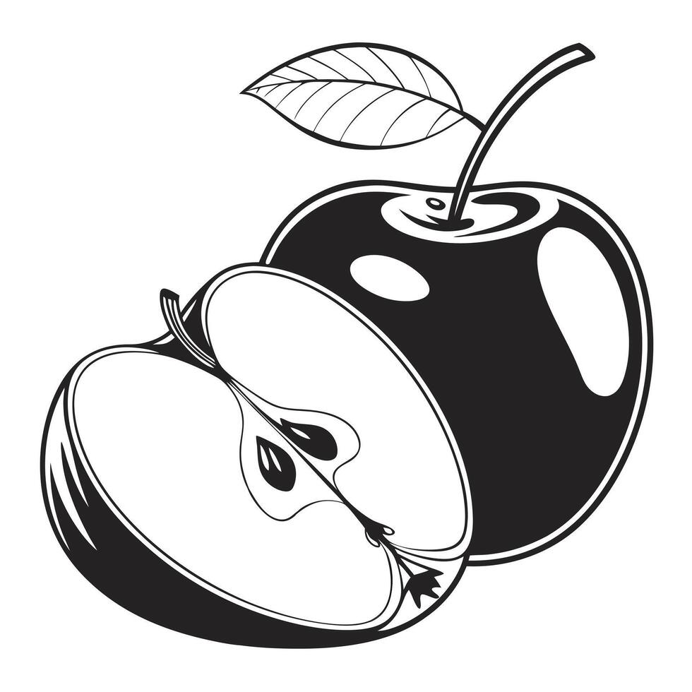 Black and white apple with leaf illustration vector