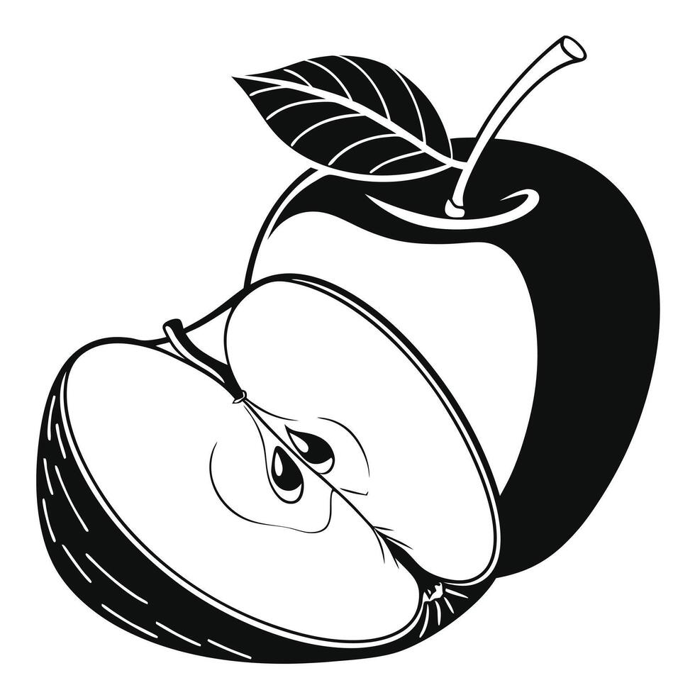 Black and white apple with leaf on white background vector