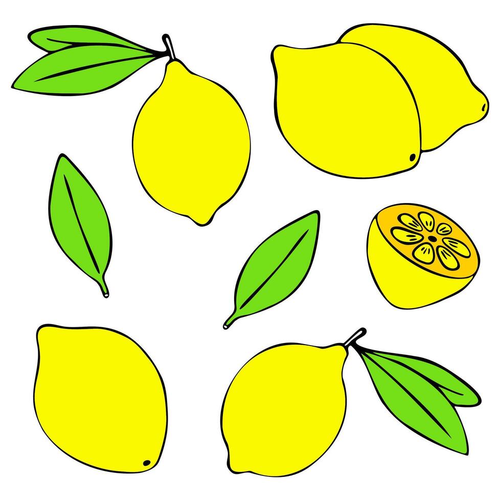 Lemon Bundle. A set of colorful doodle hand-drawn lemons, in a variety of shapes. Isolated on a white background. Suitable for web, digital, print, kitchen design, menus, stickers, banners, posters vector