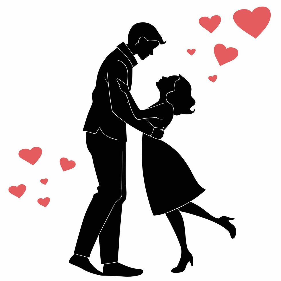 Silhouette of a man and woman kissing with hearts vector