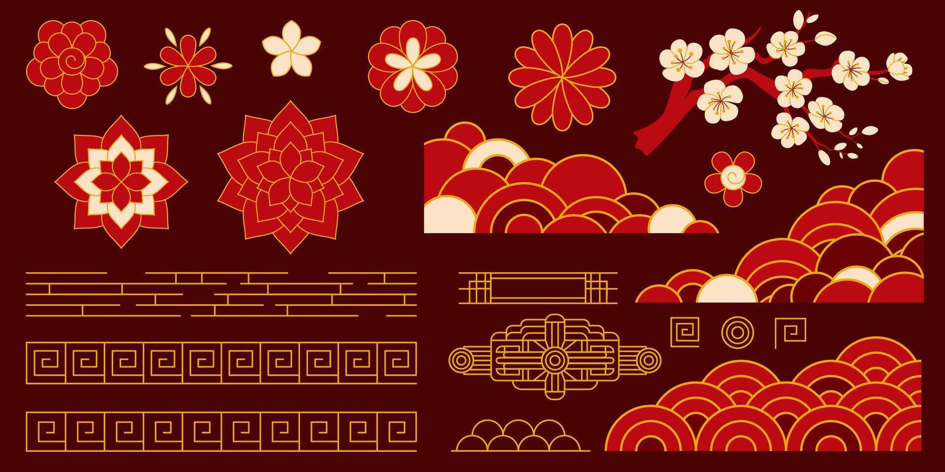 Chinese Lunar New Year design elements set. Clouds, flowers, geometric patterns in Chinese traditional style. For banners, posters, cards and other design. vector