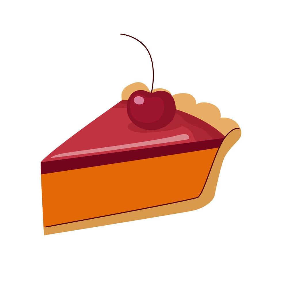 Piece of cherry cake with pumpkin filling, decorated with a cherry. Cake for Thanksgiving and other holidays. Isolated on white background. vector
