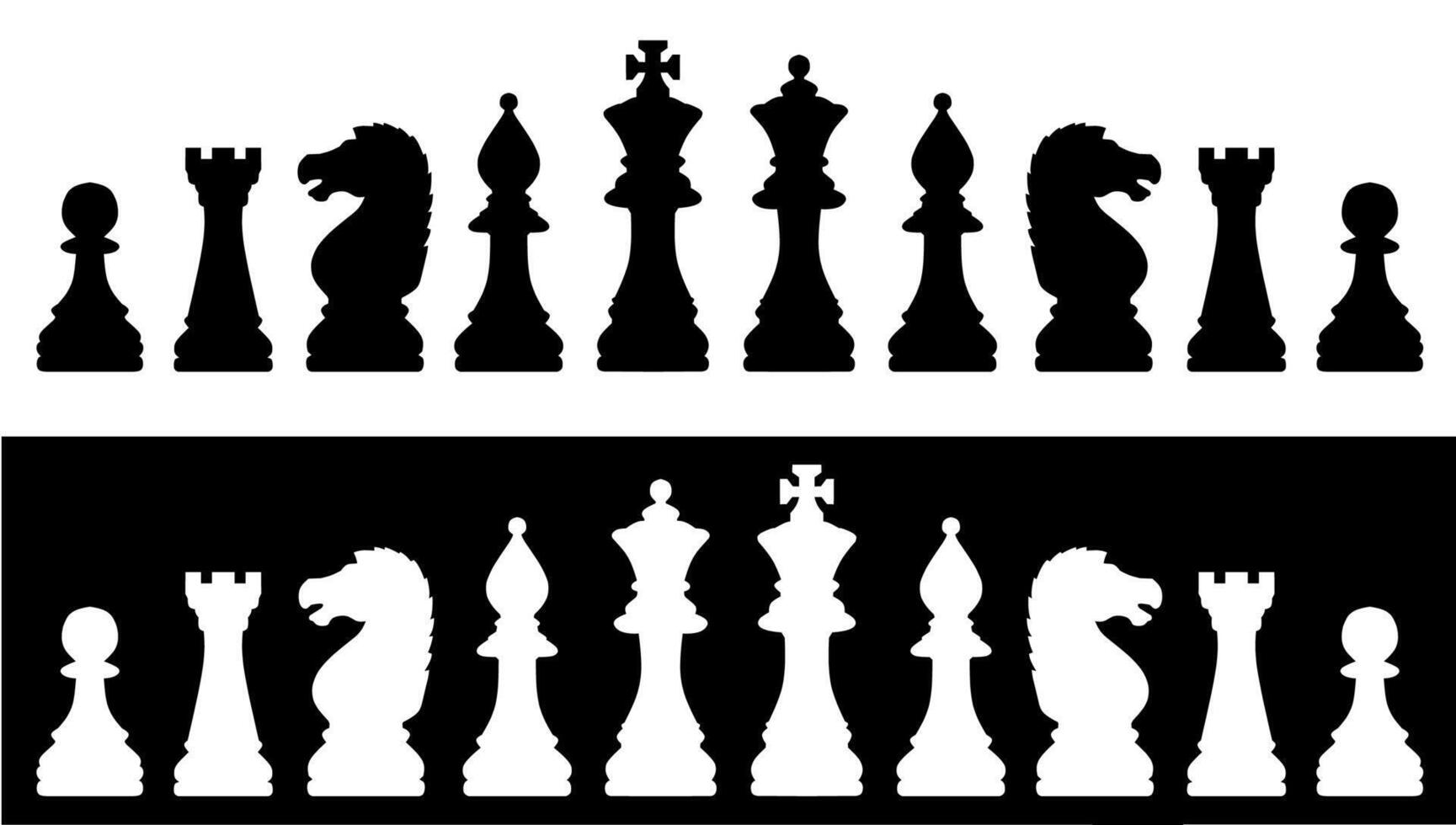 Silhouettes of black and white chess pieces, showcasing classic board game strategy elements. vector