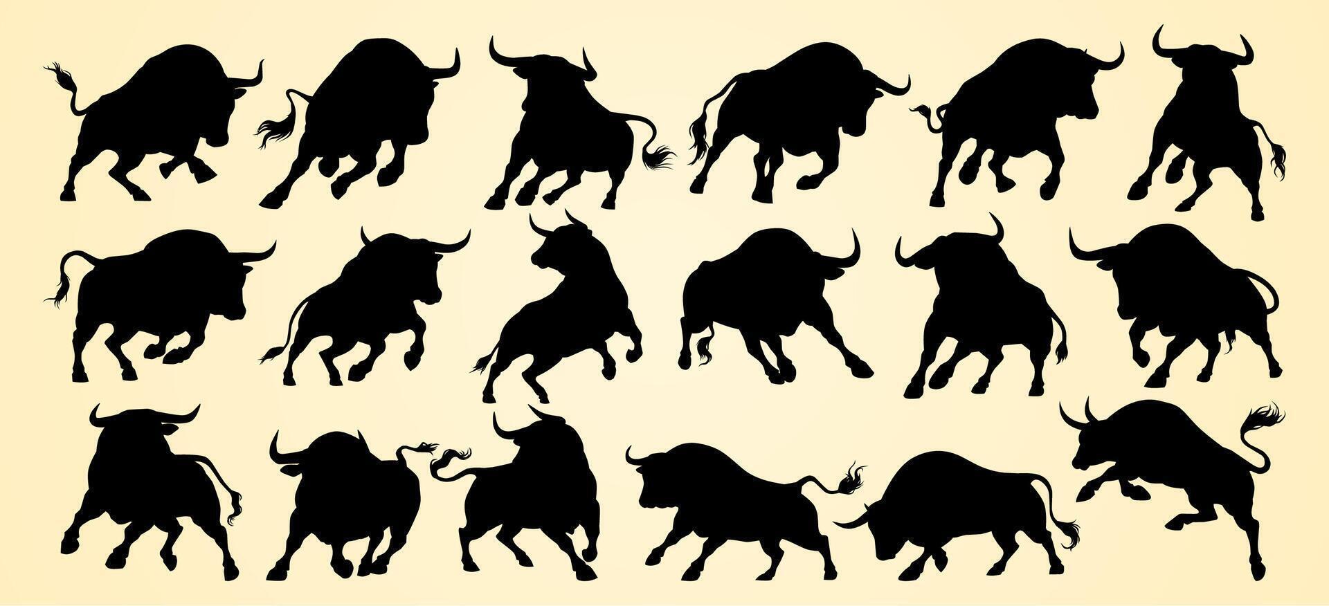 Dynamic silhouettes of bulls in various powerful and aggressive stances, showcasing strengt vector