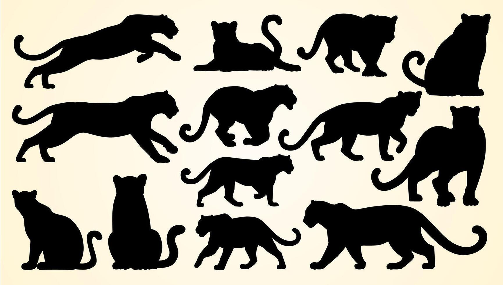 Silhouettes of big cats in various poses, including walking, running, and sitting. vector