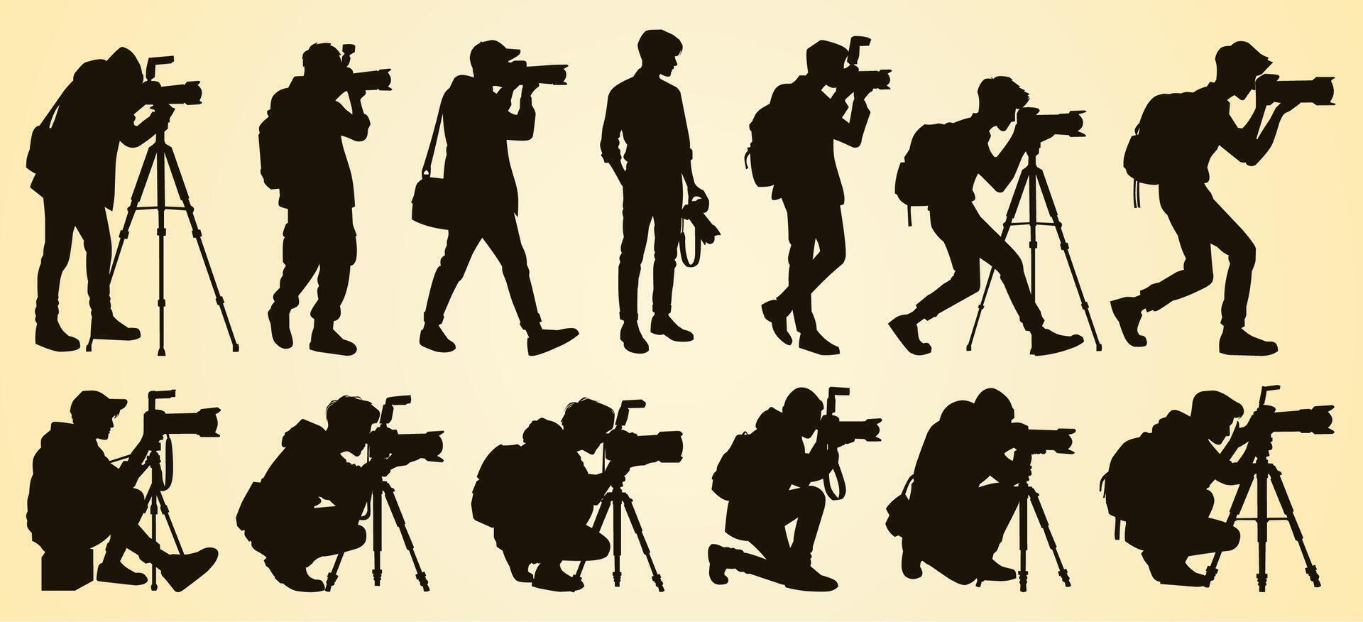 Silhouettes of photographers in various poses with cameras and tripods capturing moments. vector