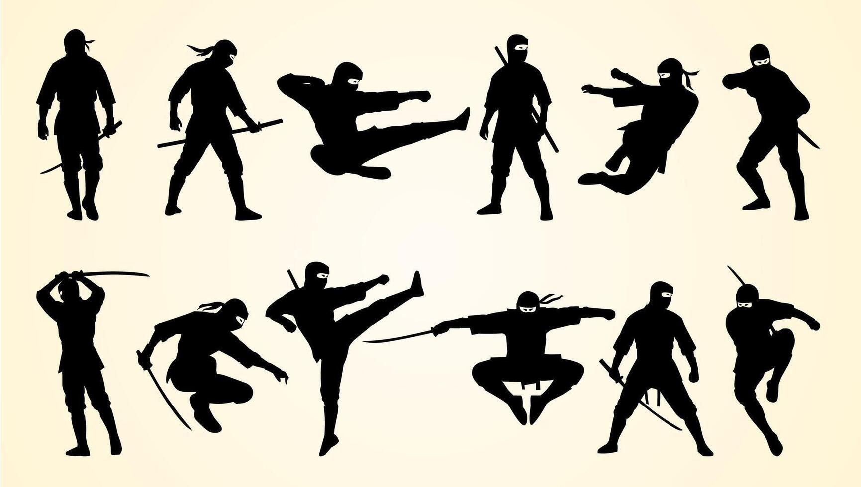 Silhouettes of ninjas in dynamic poses showcasing martial arts, combat skills, and weapons. vector