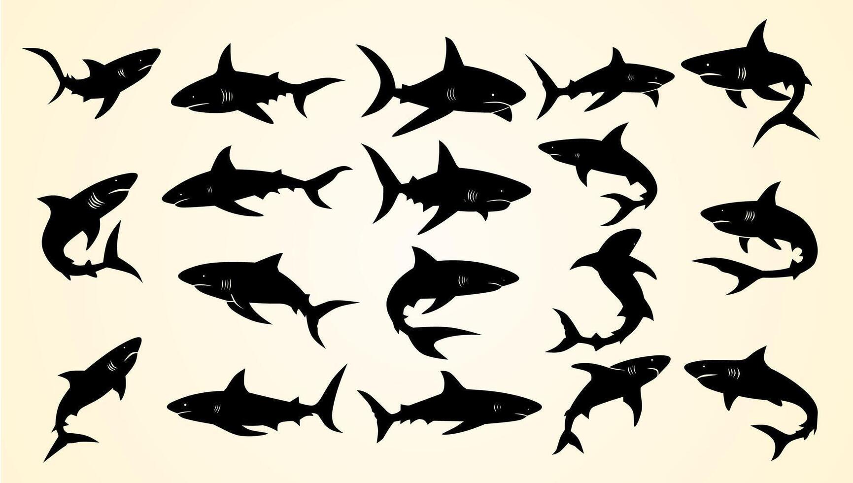 Silhouettes of sharks in various dynamic poses, showcasing their power and aquatic elegance. vector