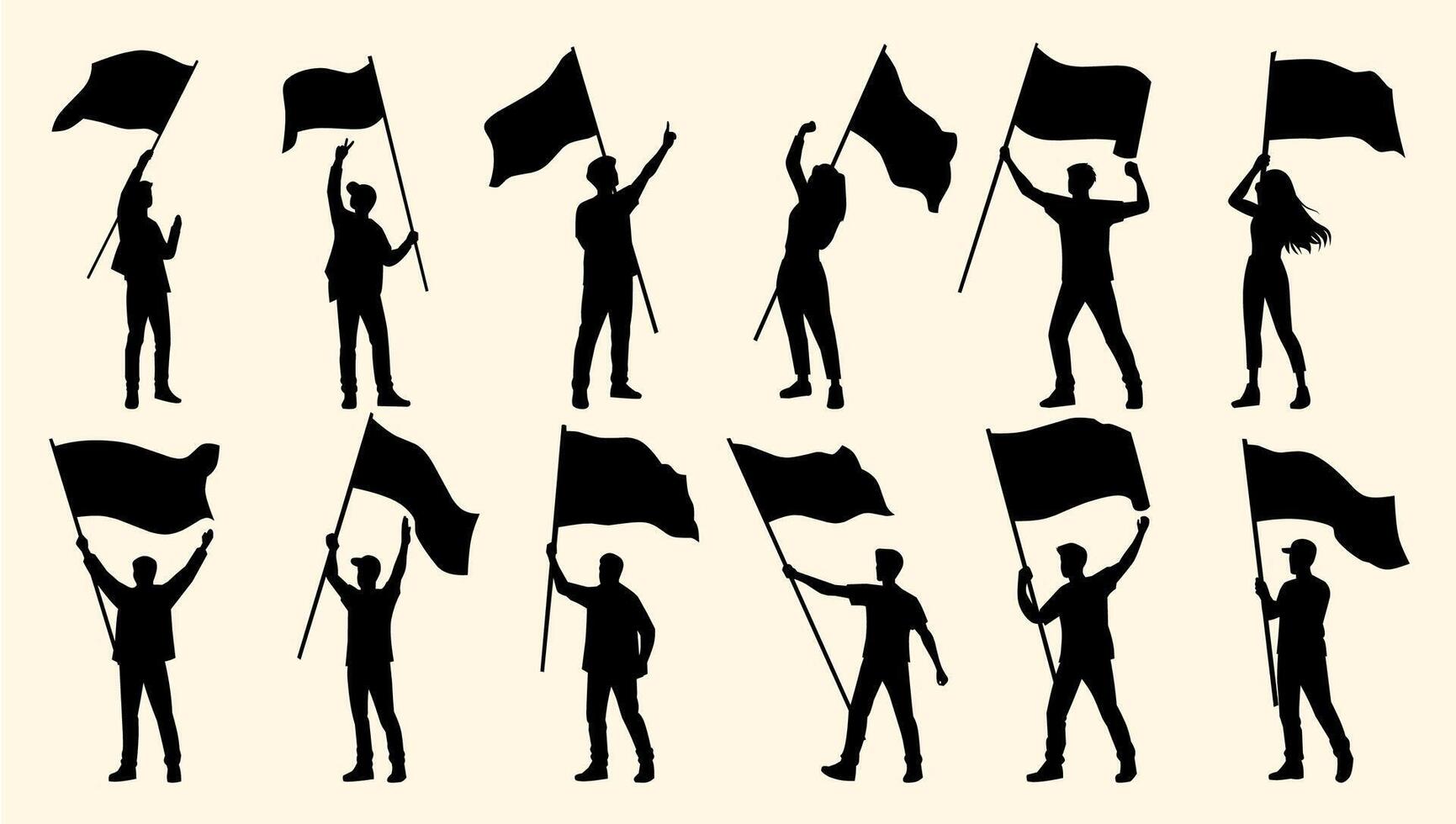 Silhouettes of people holding flags in various poses symbolizing freedom, protest, and unity. vector