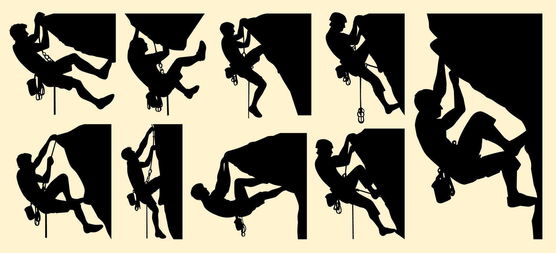 Silhouette set Rock climbers in various stages of ascent, showcasing the dynamic nature of the sport and the diverse challenges climbers face. vector