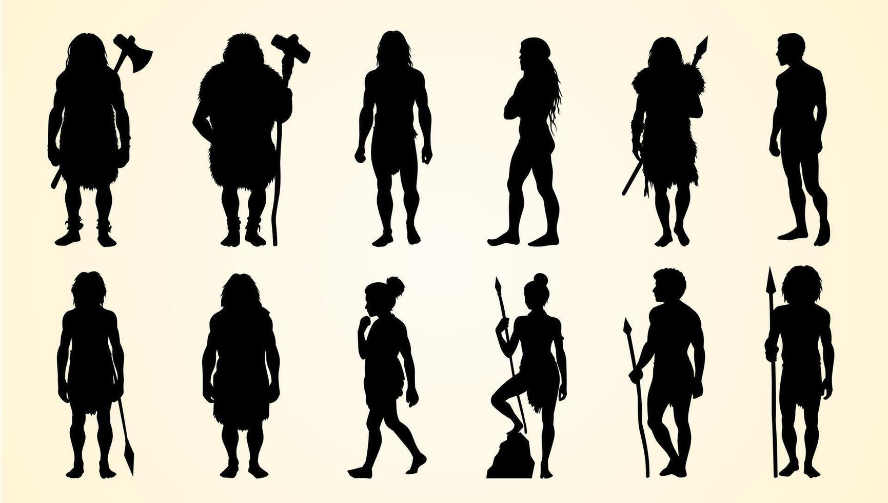 Silhouettes of prehistoric humans with tools and weapons showcasing ancient lifestyles and cultures. vector