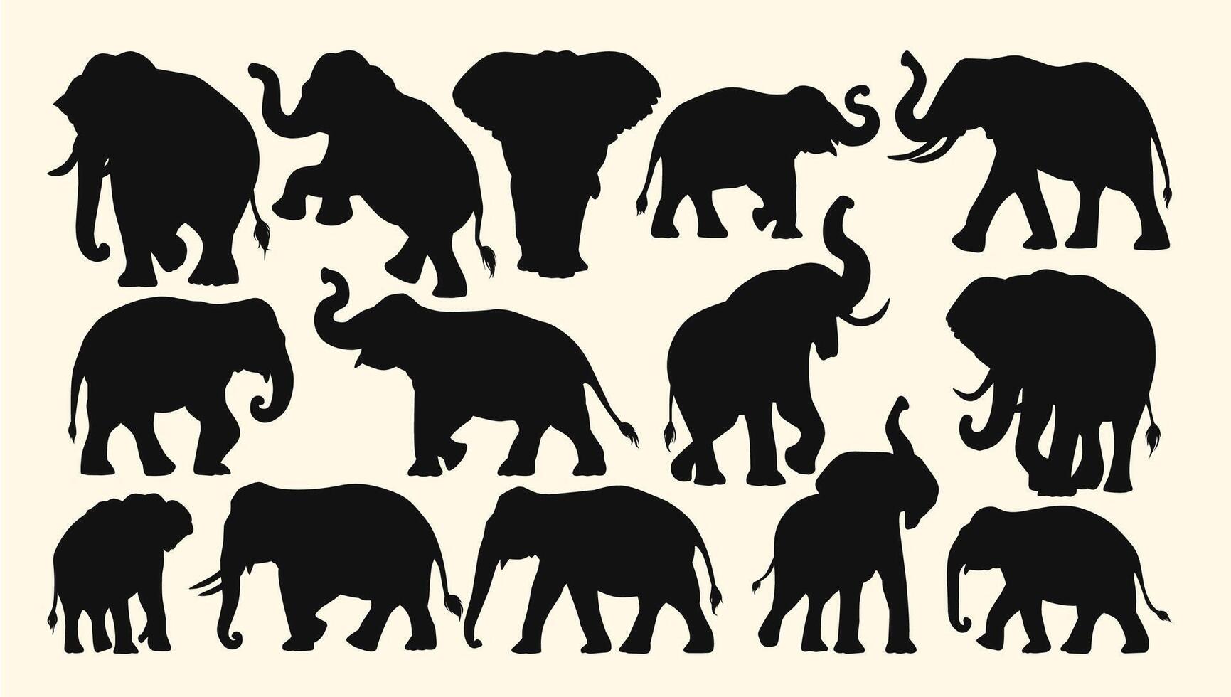 Silhouettes of elephants in various poses, showcasing their majestic and iconic shapes. vector