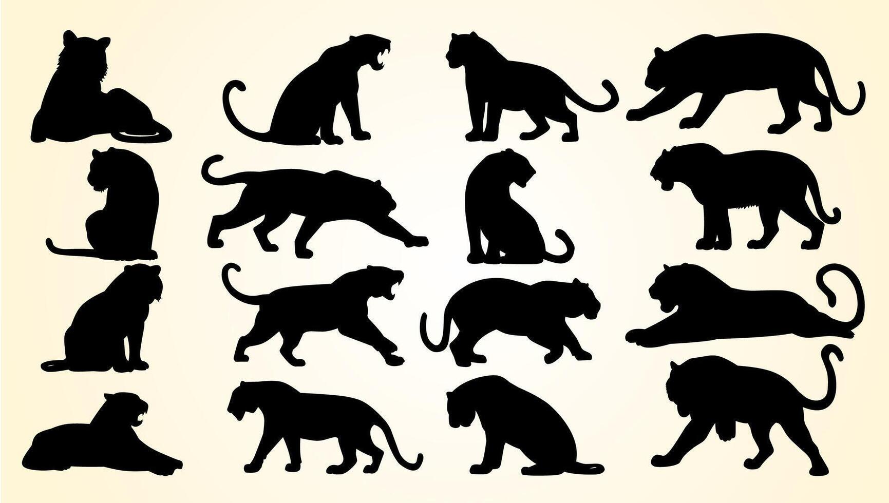 Silhouettes of big cats in various poses, including walking, running, and sitting. vector