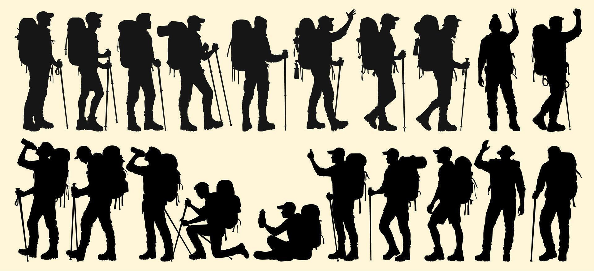 Silhouettes of hikers with backpacks and trekking poles, exploring and engaging in outdoor adventures. vector