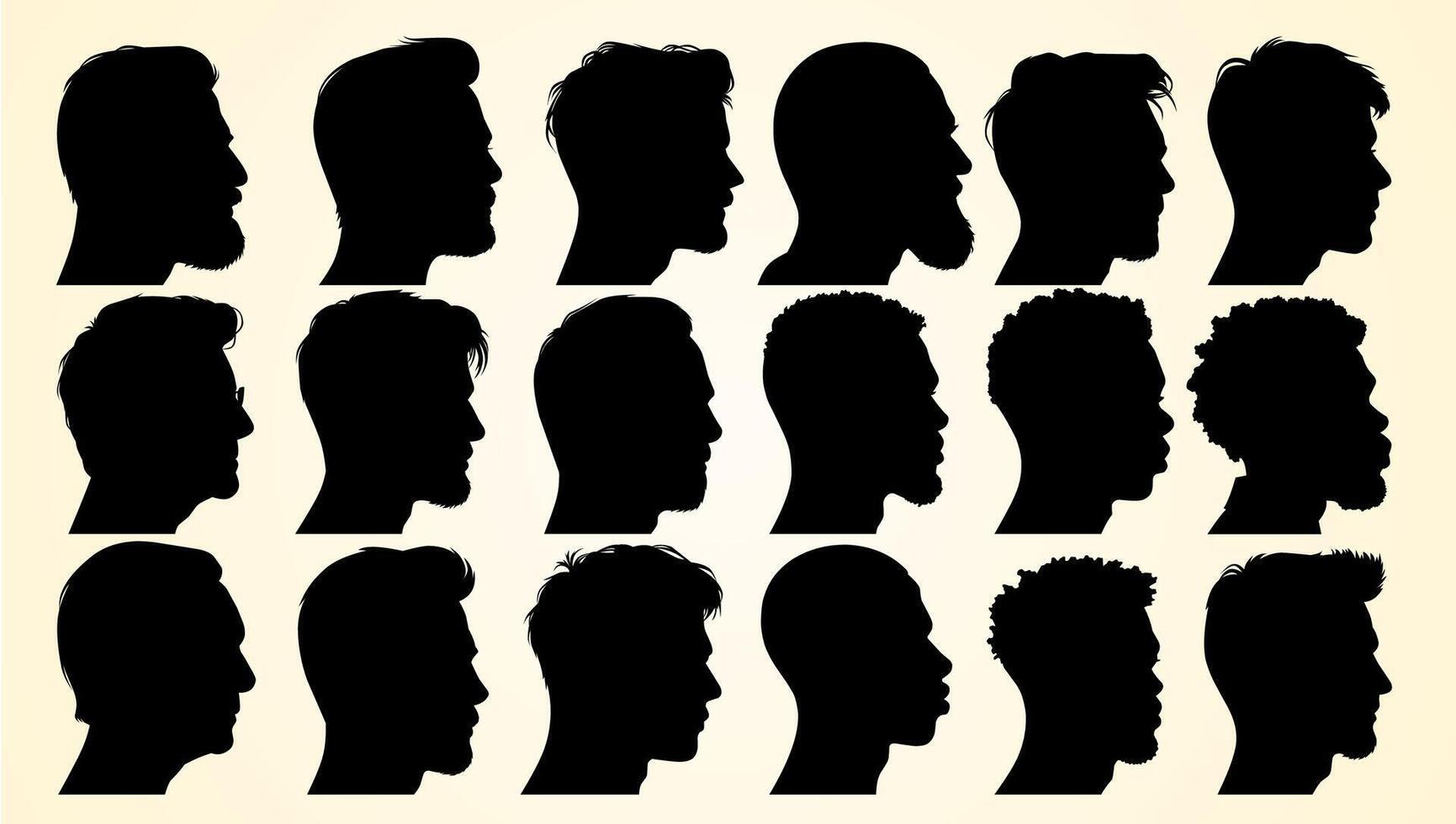 Silhouettes of diverse male profiles showcasing unique hairstyles, beards, and facial structures. vector