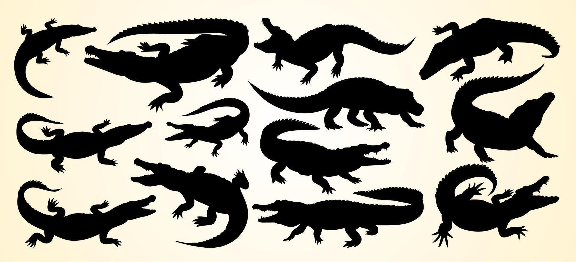 Silhouettes of crocodiles and alligators in various poses, showcasing their dynamic movements. vector