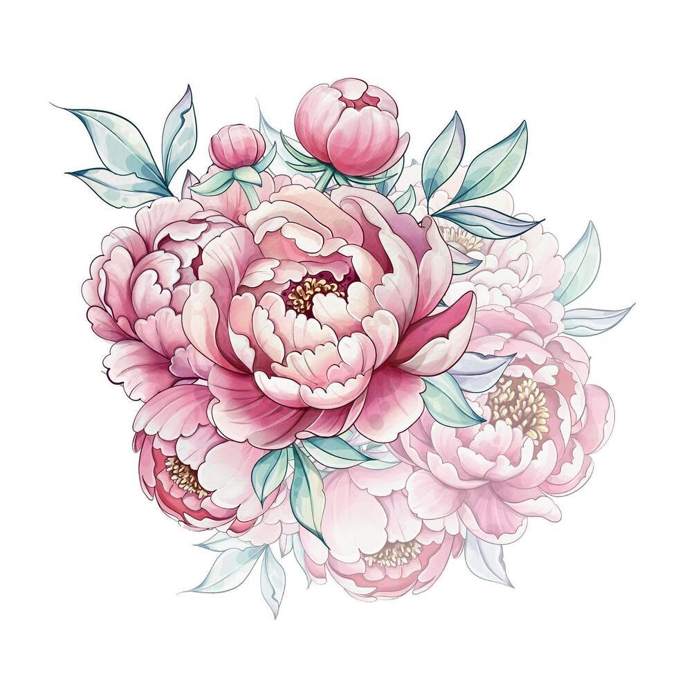 Soft pink peonies and lush green leaves intertwine, evoking a serene spring atmosphere filled with beauty and freshness. vector