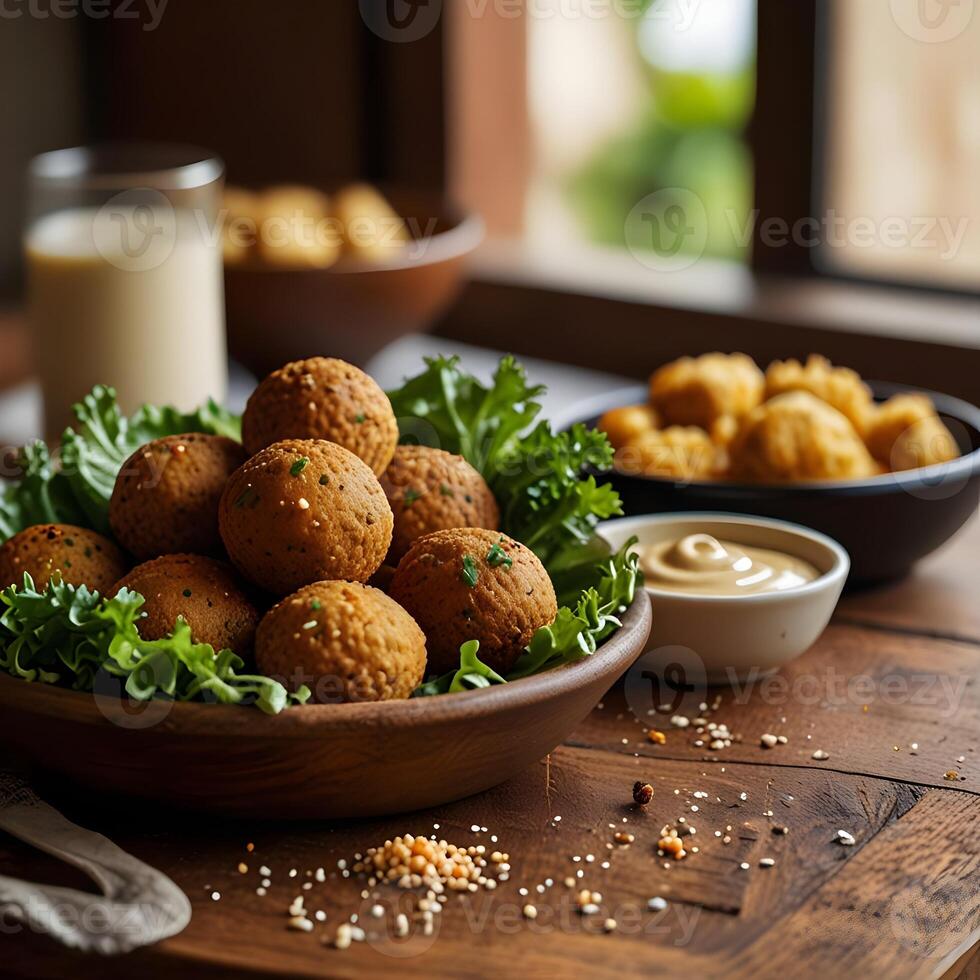 Crispy Falafel Balls with Tahini on Rustic Table photo