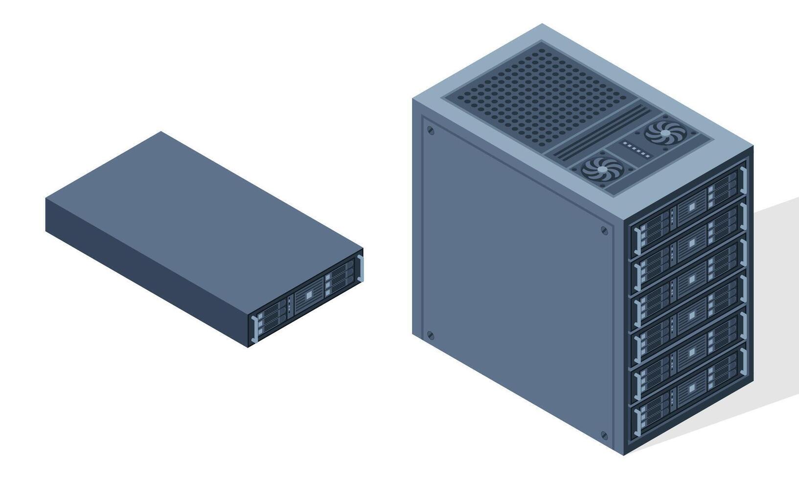 Isometric server. Server racks. Server boxes isolated. Network server room. Computer network technology. illustration vector