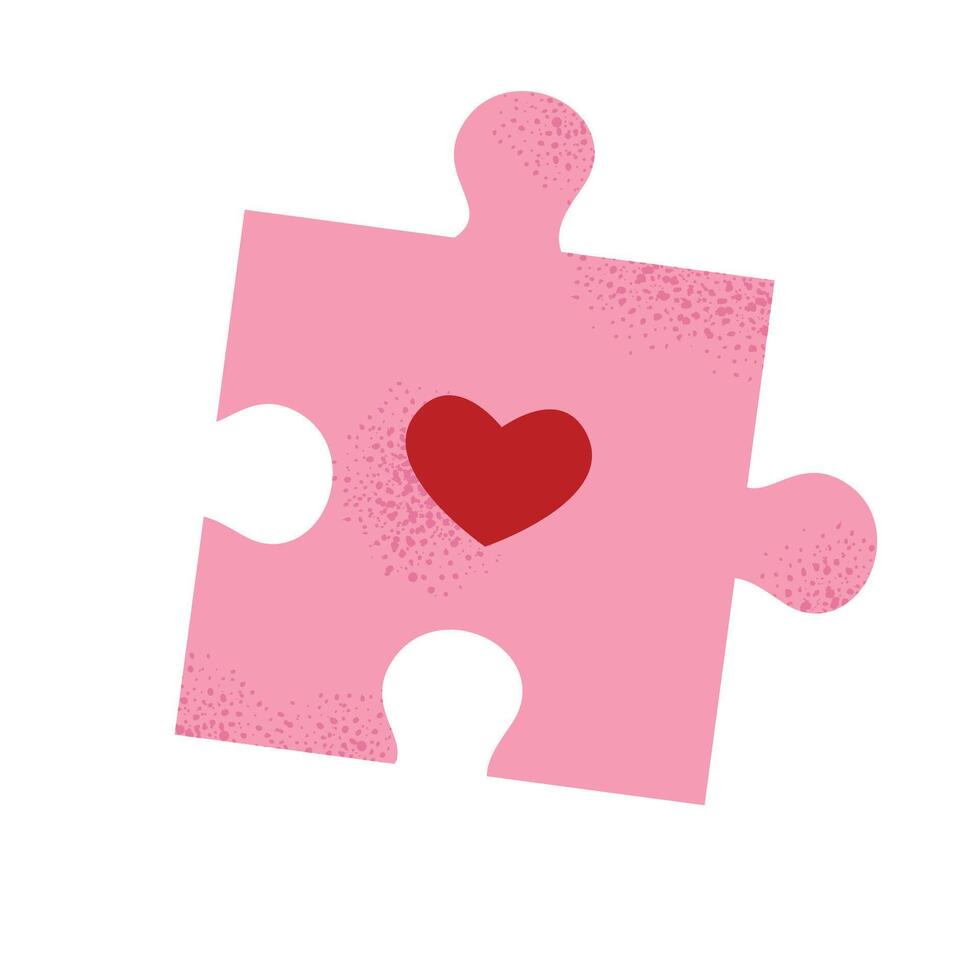 Pink puzzle piece with a red heart in the center. Symbol of love and connection, perfect for Valentine's Day cards, stickers, and festive designs. Flat illustration isolated on white background. vector