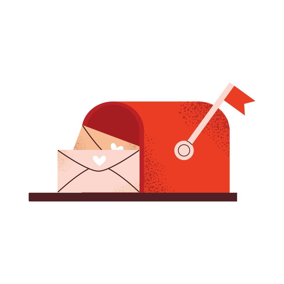 Red mailbox with love letters inside. Ideal for Valentine's Day greeting cards, romantic messages, and festive designs. Flat illustration isolated on white background. vector