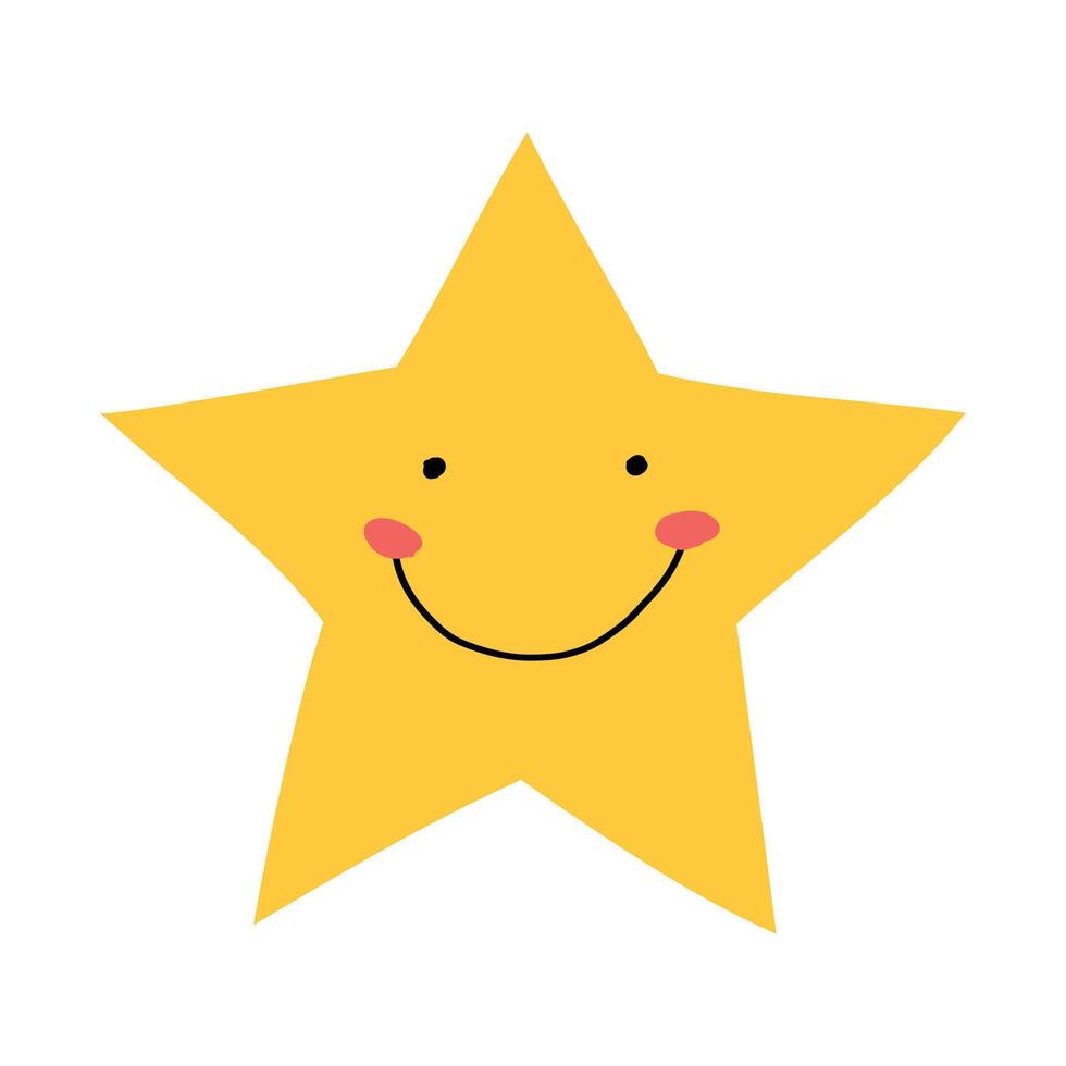 Adorable yellow star with a big smile and round cheeks. Simple and cheerful cartoon design perfect for kids' products, illustrations, or festive projects. Flat isolated on a white background. vector