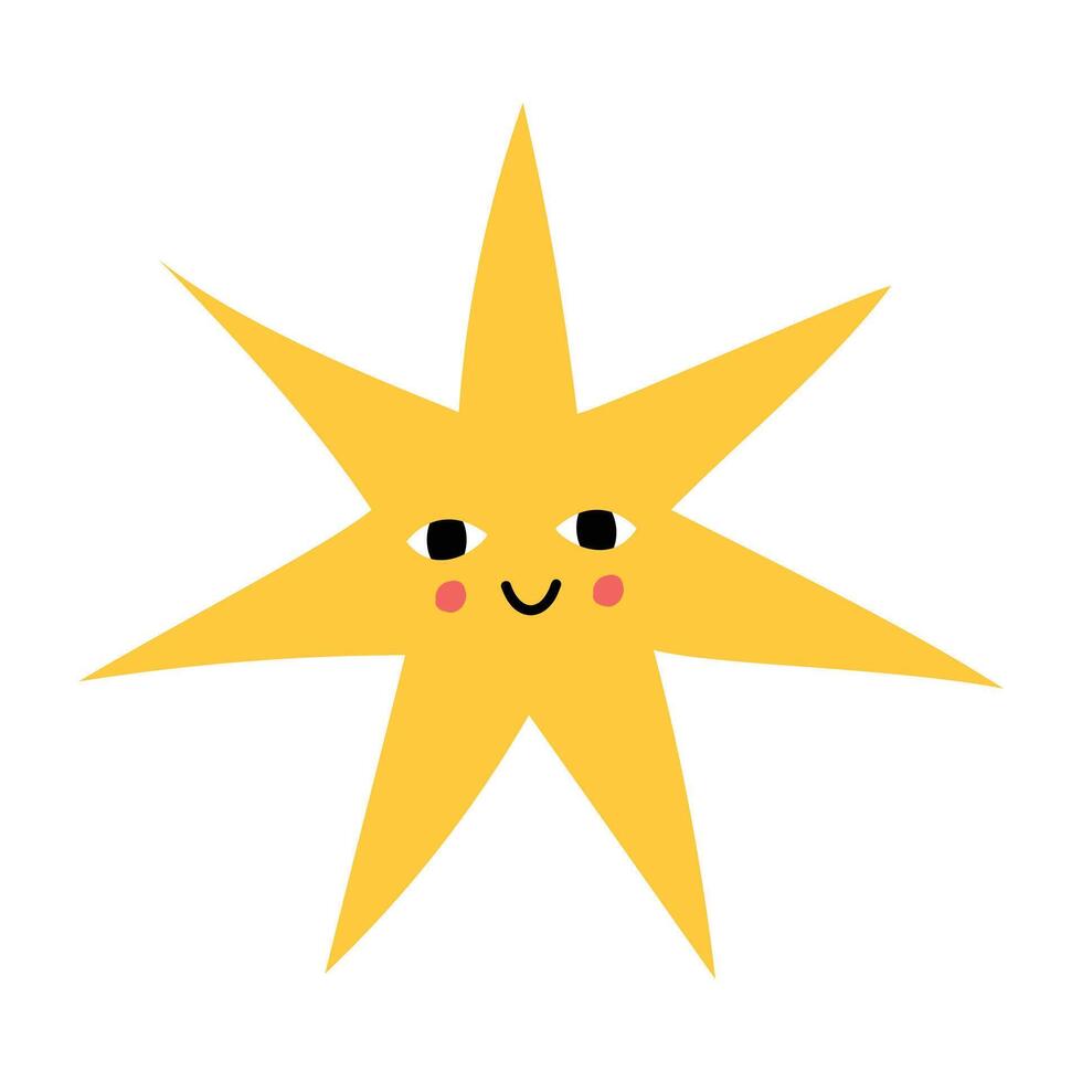 Cute yellow star with rays and adorable cheeks. Perfect for cute illustrations, stickers, or holiday designs. Flat cartoon isolated on a white background. vector