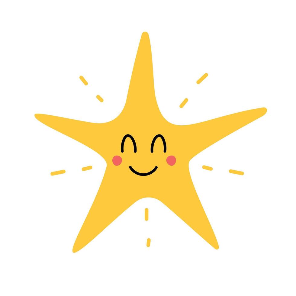 Cute smiling yellow star character with five uneven rays. Adorable illustration for children's design, stickers, or holiday decor. Fun and cheerful isolated on a white background vector