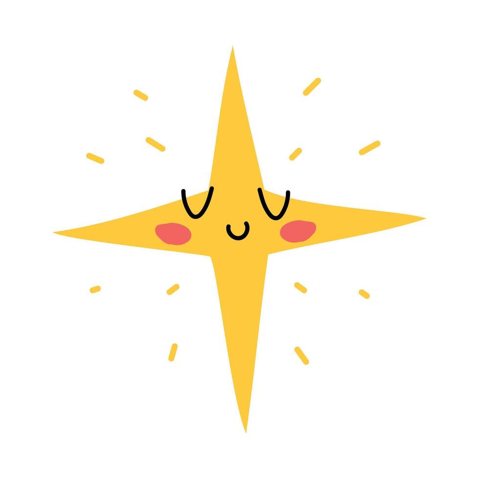 Smiling bright yellow star with closed eyes and radiating light rays. Perfect for cheerful designs, stickers, or holiday themes. Flat cartoon isolated on a white background. vector