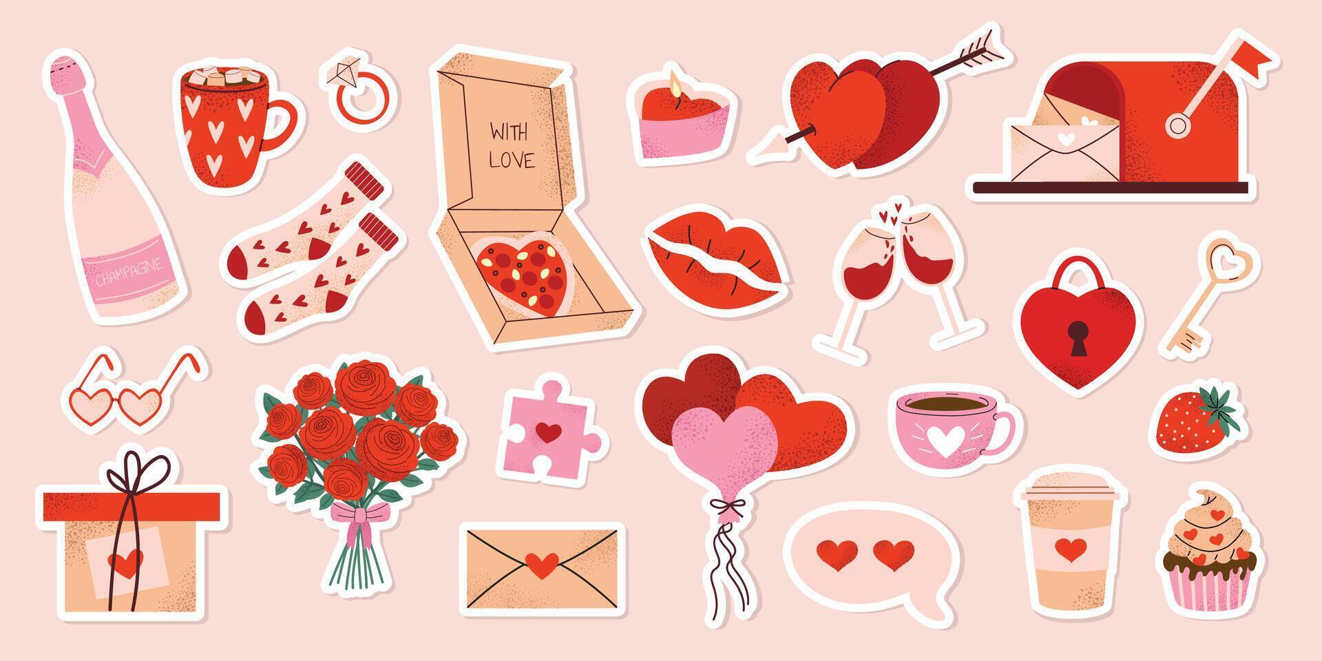 Set of Valentine's Day stickers with romantic cute elements champagne, mug, socks, gift, bouquet, candles, balloons, puzzle, wine, lips, letters. illustration on pink isolated background. vector